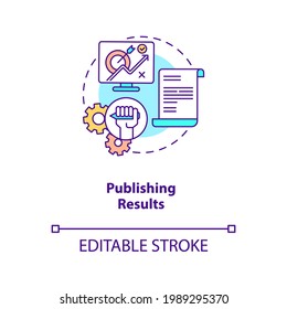 Publishing results concept icon. Disclosure of research results idea thin line illustration. Publication of experiment in magazines. Vector isolated outline RGB color drawing. Editable stroke