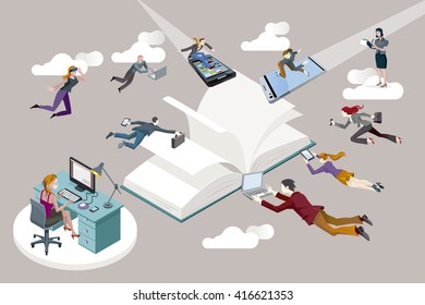 Publishing sector staff flying toward an open book and working in it.