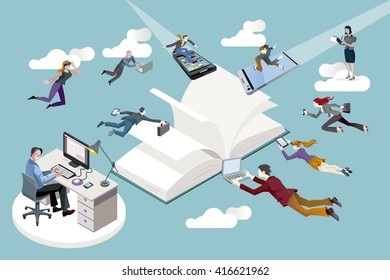 Publishing sector workers floating in the air toward an open book and working in it.