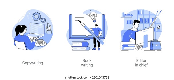 Publishing service isolated cartoon vector illustrations set. Concentrated woman writes magazine article, freelance copywriting, ghostwriting, editing a book, independent publisher vector cartoon.