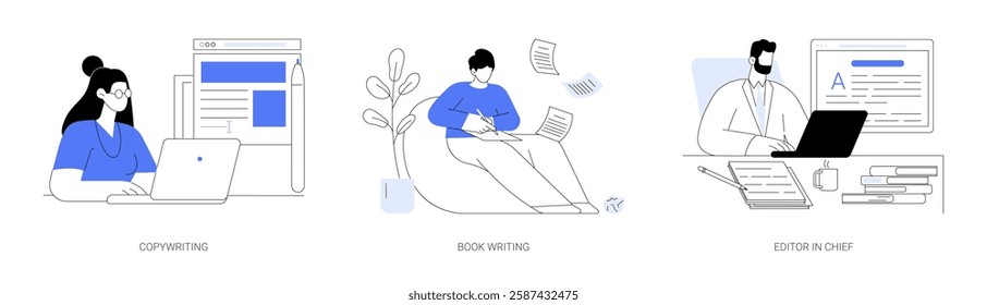 Publishing service isolated cartoon vector illustrations set. Concentrated woman writes magazine article, freelance copywriting, ghostwriting, editing a book, independent publisher vector cartoon.