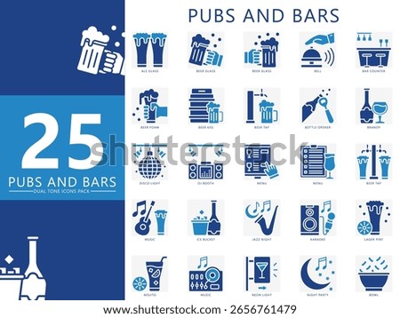 Pubs and bars dual tone icons set. contain beer, glass, keg, menu, cocktail, DJ, music, brandy, bell, bar counter, drink, lager and more. Vector for UI or UX kit, web and app entertainment industry.