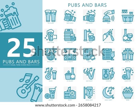 Pubs and bars dual tone icons set. contain beer, glass, keg, menu, cocktail, DJ, music, brandy, bell, bar counter, drink, lager and more. Vector for UI or UX kit, web and app entertainment industry