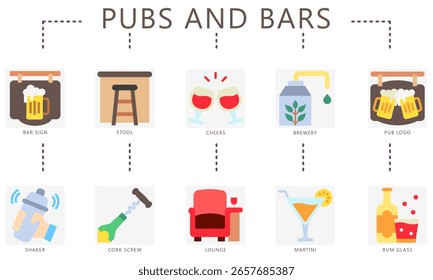 Bares e barras conjunto de ícones de cor plana. contém sinal de barra, banqueta, torcedores, cervejaria, agitador, saca-rolhas, lounge, martini, rum e muito mais. Vetor para UI, kit UX, estilo de vida de web e app, indústria do entretenimento.