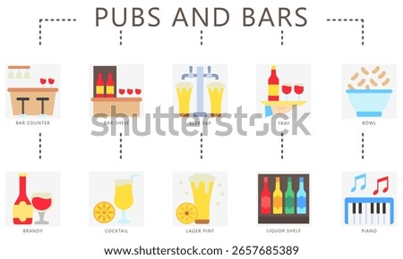 Pubs and bars flat color icons set. contain beer tap, counter, shelf, tray, food, brandy, cocktail, lager, pint, liquor, piano and more. Vector for UI, UX kit, web and app entertainment industry.
