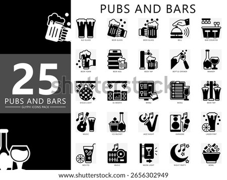 Pubs and bars glyph icons set. contain beer, glass, keg, menu, cocktail, DJ, music, brandy, bell, bar counter, drink, lager and more. Vector EPS 10 for UI or UX kit, web and app entertainment industry