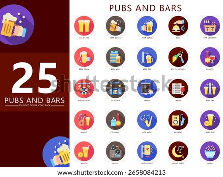 Pubs and bars rounded color icons set. contain beer, glass, keg, menu, cocktail, DJ, music, brandy, bell, bar counter, drink, lager and more. Vector for UI, UX kit, web and app entertainment industry.