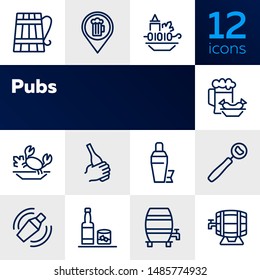 Pubs line icon set. Set of line icons on white background. Cocktail, beer mug, fresh crab. Food concept. Vector illustration can be used for topics like eating, drinking, resting