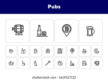 Pubs line icon set. Set of line icons on white background. Cocktail, beer mug, fresh crab. Food concept. Vector illustration can be used for topics like eating, drinking, resting