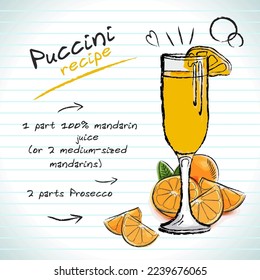 Puccini cocktail, vector sketch hand drawn illustration, fresh summer alcoholic drink with recipe and fruits