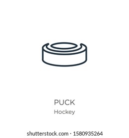 Puck icon. Thin linear puck outline icon isolated on white background from hockey collection. Line vector sign, symbol for web and mobile