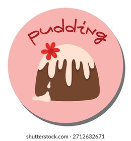Insignia de pudín, etiqueta de postre rosa. Icono de pudín dulce, diseño de pegatina redonda. Emblema de budín de natillas, Vector de postre