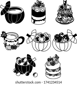 A pudding and bavarois and candy and  a cookie and chocolate and pancake of pumpkin