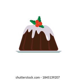 Pudding with berries and mistletoe leaves.Traditional food for Christmas. Vector illustration