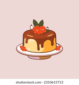 A pudding cake with flower on top. Vector illustration in simple flat style on pastel background