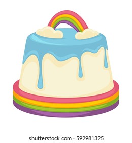 Pudding cake or pie tart with milky white chocolate glaze and rainbow caramel topping. Vector template icon for birthday, pastry or patisserie and cafeteria