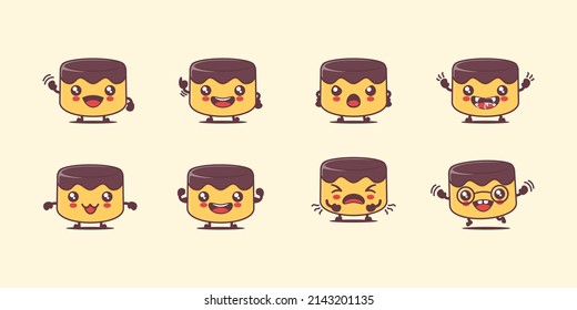 pudding cartoon. food vector illustration. with different faces and expressions. cute cartoon