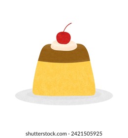 Pudding with cherry and cream vector illustration on white background. Delicious sweet dessert.