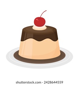 Pudding with cherry and cream vector illustration on white background. Delicious sweet dessert.