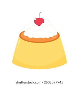 Pudding with cherry and cream vector illustration on white background. Delicious sweet dessert.