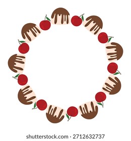 Pudín y guirnalda de cerezas, anillo de postre. Corona de pudín de cereza, ilustración de marco dulce. Corona de postre con pudín y cereza