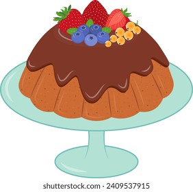 Pudding with Chocolate cream and fruits in plate. Cartoon cake sweet food element. Vector illustration isolated on white background. 