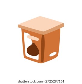 Pudín, postre con sabor a chocolate en taza de plástico. Pequeño recipiente con comida de mousse de chocolate, aperitivo lácteo. Dulce dulce lechoso, empaque de yogur. Ilustración vectorial plana aislada sobre fondo blanco
