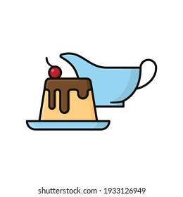 Pudín con salsa de chocolate y cereza, barco de salsa en la parte trasera, ilustración vectorial aislada para el Día de la Guardia de Vainilla el 17 de agosto.