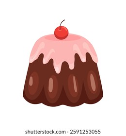 Pudding chocolate with strawberry sauce and cherry on top. Flat vector illustration 