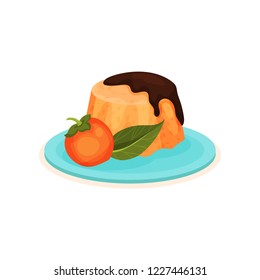 Pudding with chocolate topping and whole persimmon with green leaf. Appetizing dessert. Sweet food. Flat vector icon