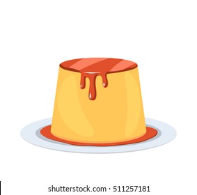 Pudding-Custard mit Karamellglasur. flache Illustration im Cartoon-Stil, isoliert auf weißem Hintergrund. einfach zu bedienen