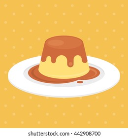 pudding or custard with caramel in plate illustration vector, flat design