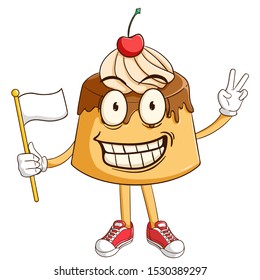 Pudding custard cartoon character holding a white flag with peace hand sign and funny smile face