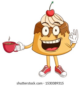 Pudding custard cartoon character holding a cup of coffee with ok hand sign and funny smile face