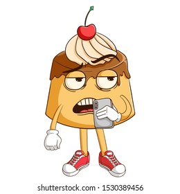 Pudding custard cartoon character holding a smartphone and calling someone with funny bad expression