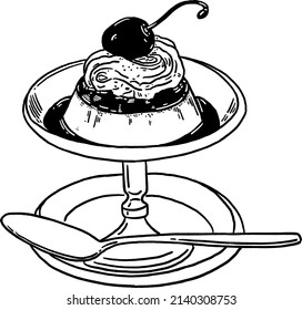 Pudding custard Sweet dessert Cafe menu Hand drawn line art illustration