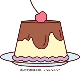Postre de pudín con glaseado de chocolate y cereza en un plato, delineado en líneas de dibujos animados limpios. El dulce simboliza la celebración, la indulgencia y el deleite de la panadería. Ilustración vectorial de dibujos animados.