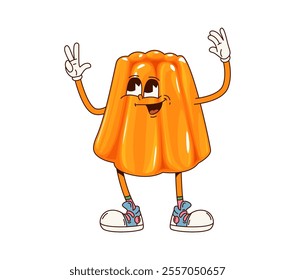 Pudding dessert groovy character. Isolated cartoon vector funny jelly pastry. Sweet retro y2k personage with smiling face and sneakers. Bakehouse confection food, orange colored meal for kids menu