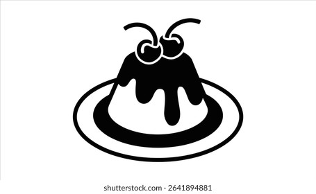 Pudding Dessert Icon Vector with Cherry Topping. Black Silhouette Food Design.	