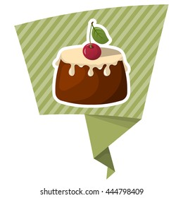 Pudding with fresh cream and a cherry. Vector illustration in cartoon style