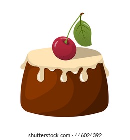 Pudding with fresh cream and a cherry. Vector illustration in cartoon style