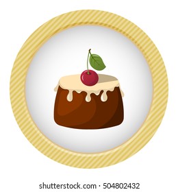 Pudding with fresh cream and a cherry. Vector illustration in cartoon style