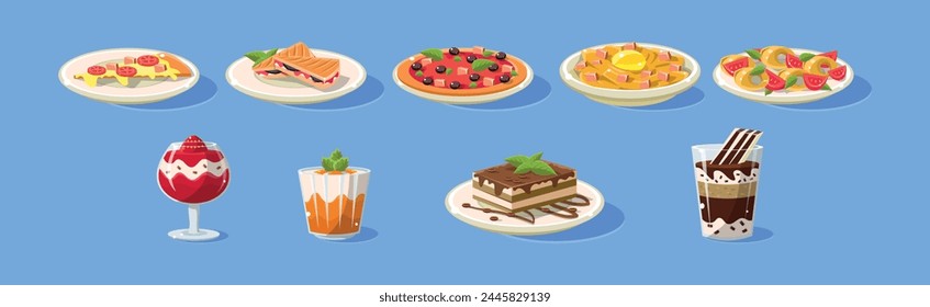 Pudding in Glass, Pizza, Pasta and Sandwich on Plate on Blue Background as Served Food Vector Set