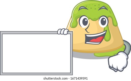 Pudding green tea with board cartoon mascot design style