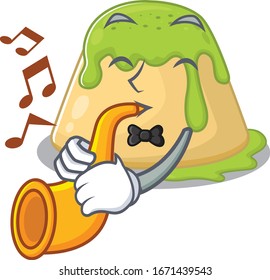 Pudding green tea cartoon character design playing a trumpet