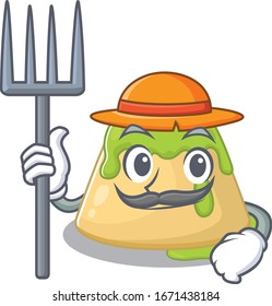 Pudding green tea in Farmer cartoon character with hat and pitchfork