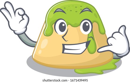Pudding green tea mascot cartoon design showing Call me gesture