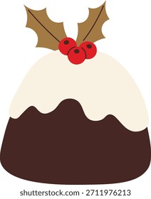 Pudding with icing and holly berry garnish in smooth shapes and clean lines. Symbol of holiday dessert, tradition, winter treat, and celebration. Cartoon vector illustration.