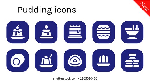  pudding icon set. 10 filled pudding icons. Simple modern icons about  - Creme caramel, Tiramisu, Macaron, Custard, Gummy, Jelly