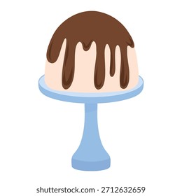 Pudding on blue stand, dessert pedestal. Blue cake stand pudding illustration, sweet dish. Pedestal dessert with chocolate glaze, pudding vector